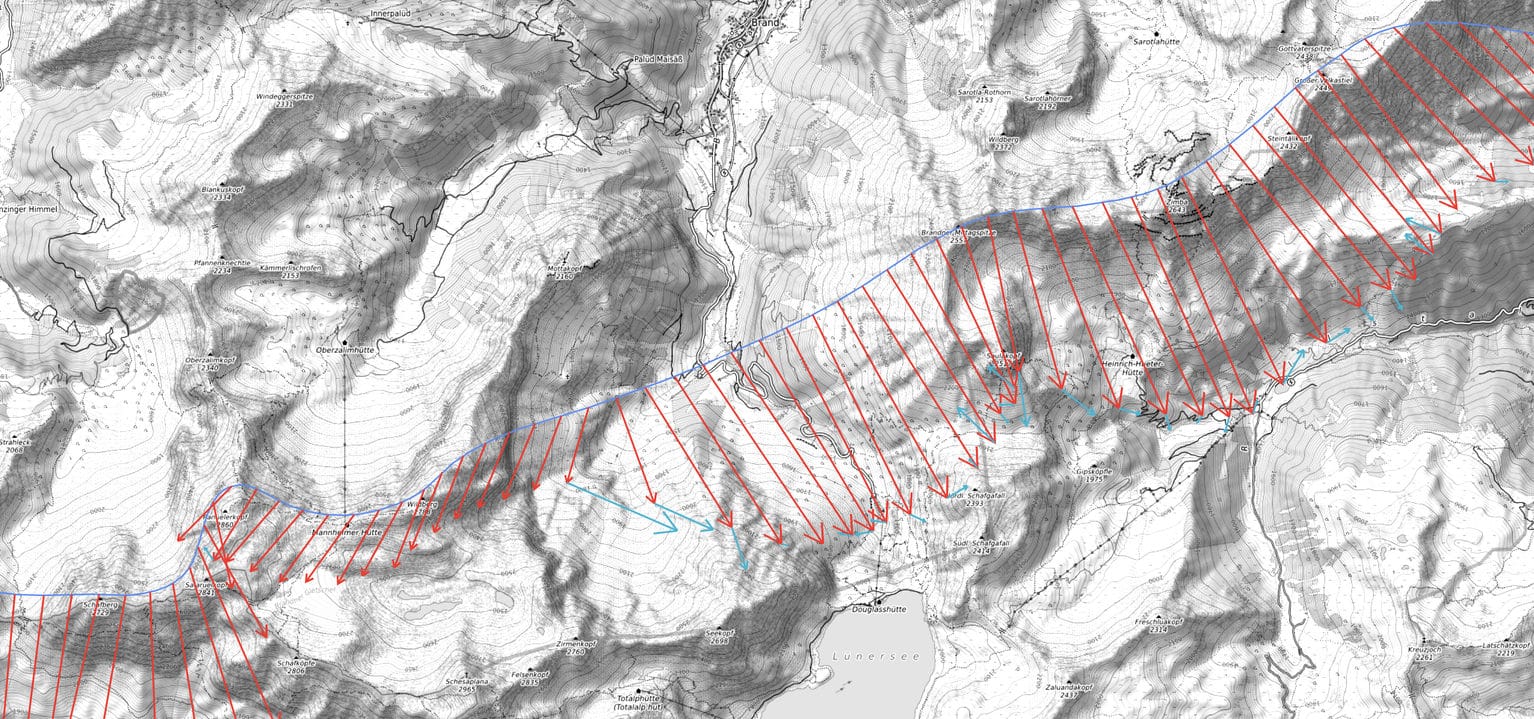 Karte rund um Brand und den Lünersee mit Flugweg und Windpfeilen